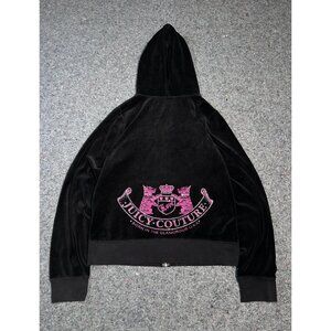 Juicy Couture VTG Black Velour Bling Hoodie Track Jacket Scottie Dog RARE XL